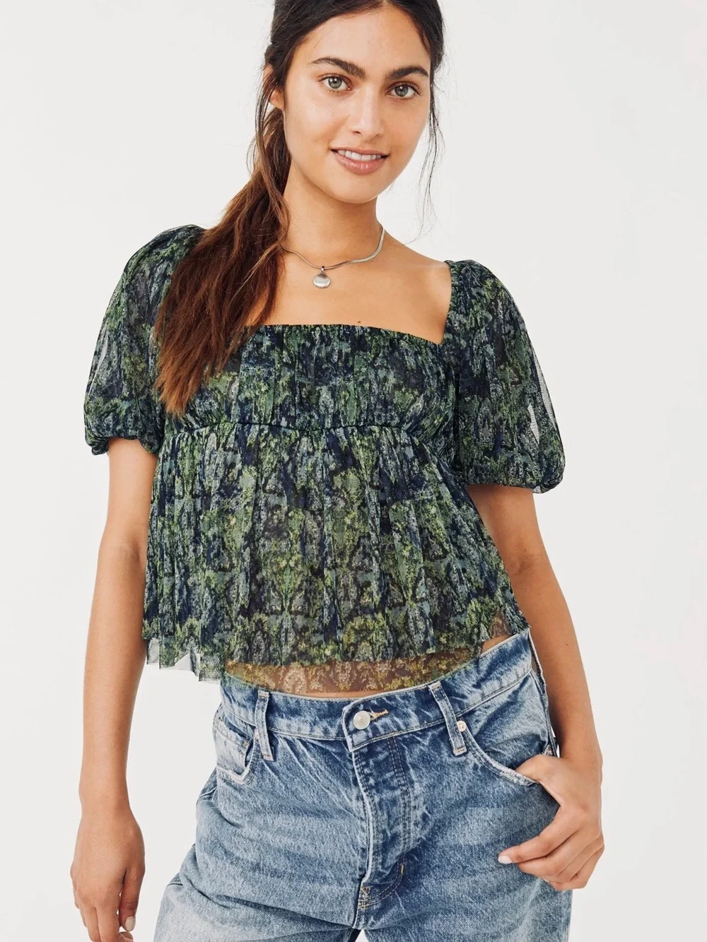 Free People Penelope Top M Green Black Sheer Puff Sleeve Smocked Peplum